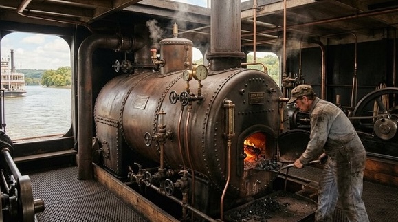 Antica caldaia a vapore in funzione nella sala macchine di un piroscafo storico. Esempio di generatore di vapore navale del XIX secolo.